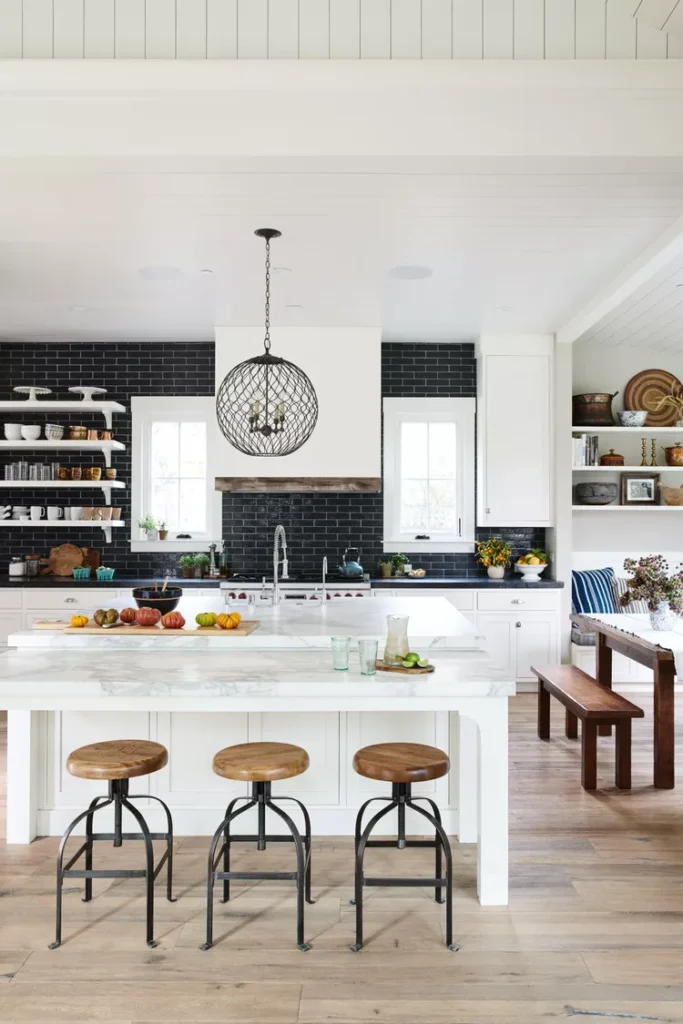 Black and white kitchen with stools