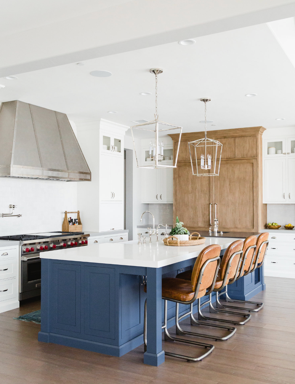 blue white brown tri-tone kitchen
