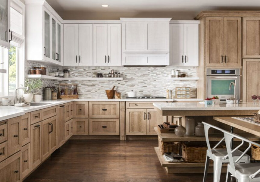 Kitchen with white and natural wood cabinets