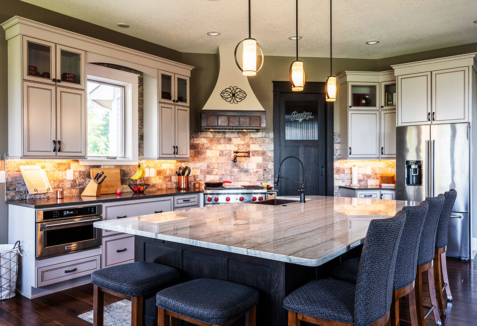 Modern kitchen with bar top counter.